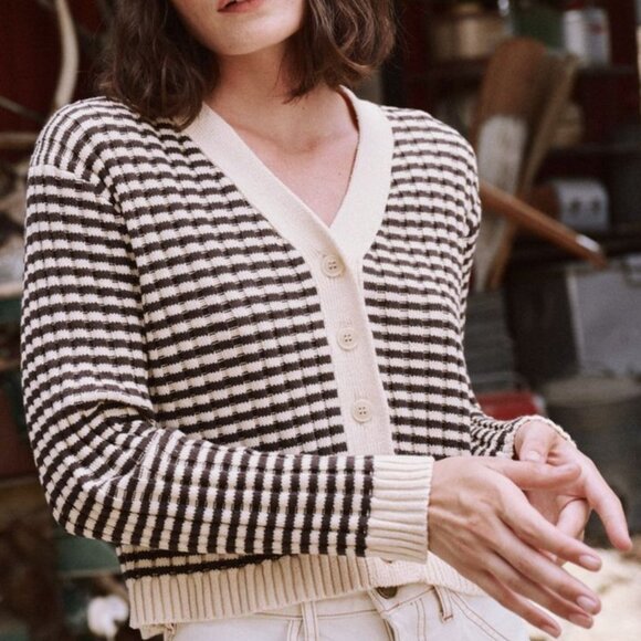 The Great. The Mini Striped Cardigan - Woodsmoke Stripe on Garmentory size 2/med - Picture 1 of 4